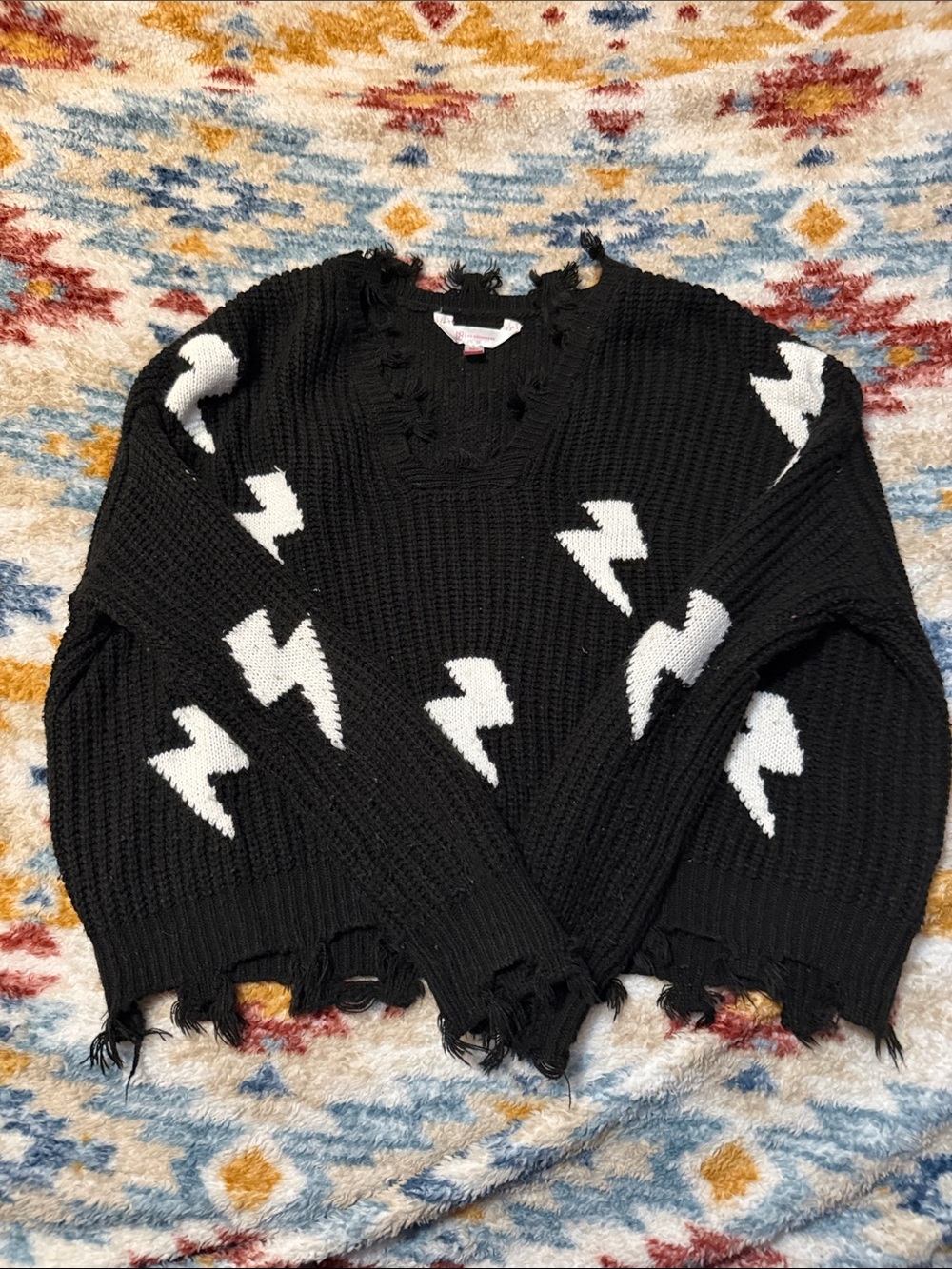 Black Lightning Bolt Distressed V-Neck Sweater